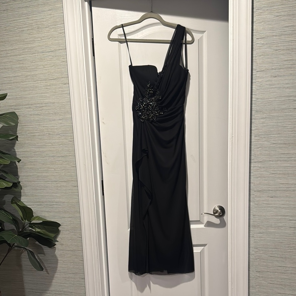 Xscape Black Asymmetrical Ruched Gown